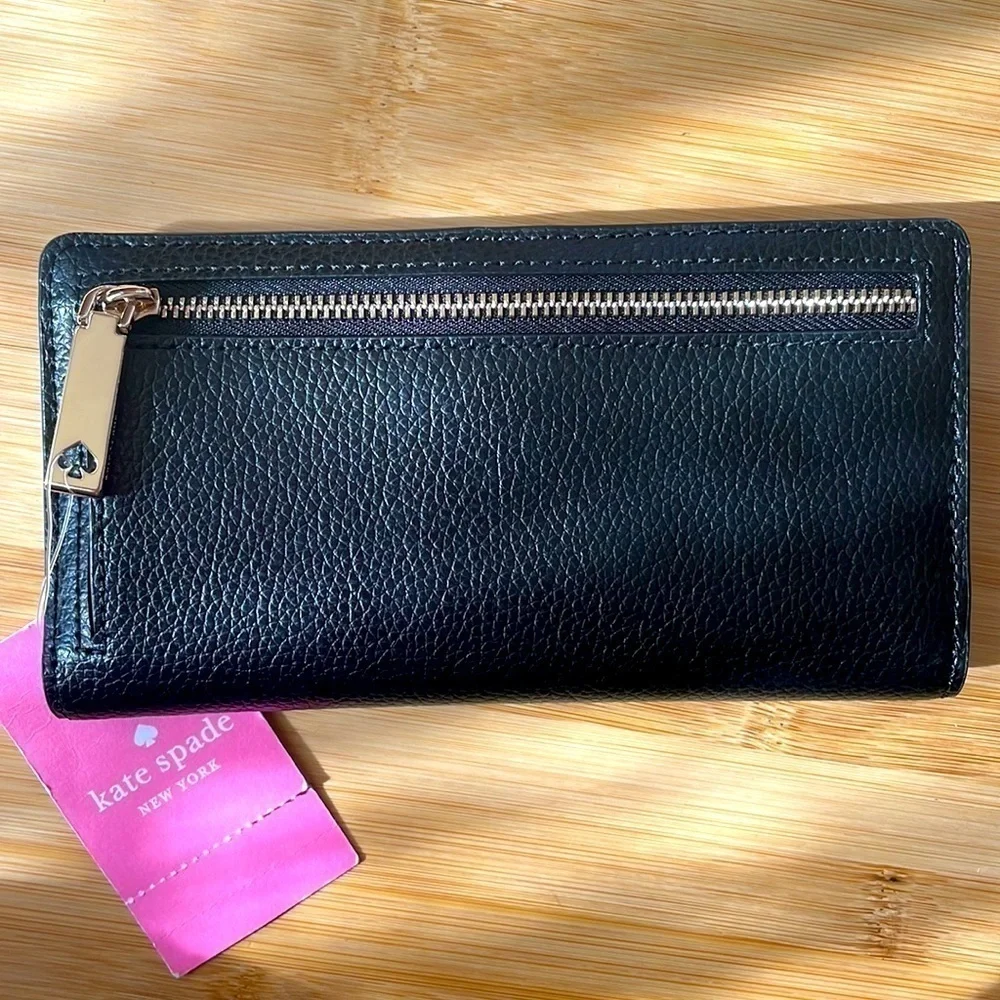 Brand New Kate Spade Genuine Leather Large Slim Bifold Black Wallet